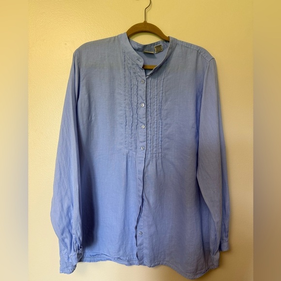 LLBean 100%linen Blue Button-Up long sleeves Shirt with ruffle detail - Picture 2 of 10